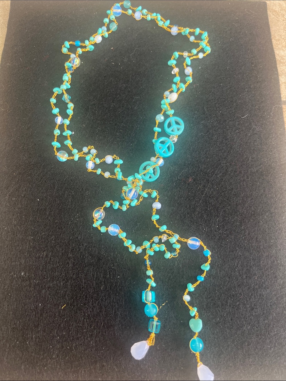 Turquoise Beaded Peace Sign Lariat Necklace with Gold Wire Accents